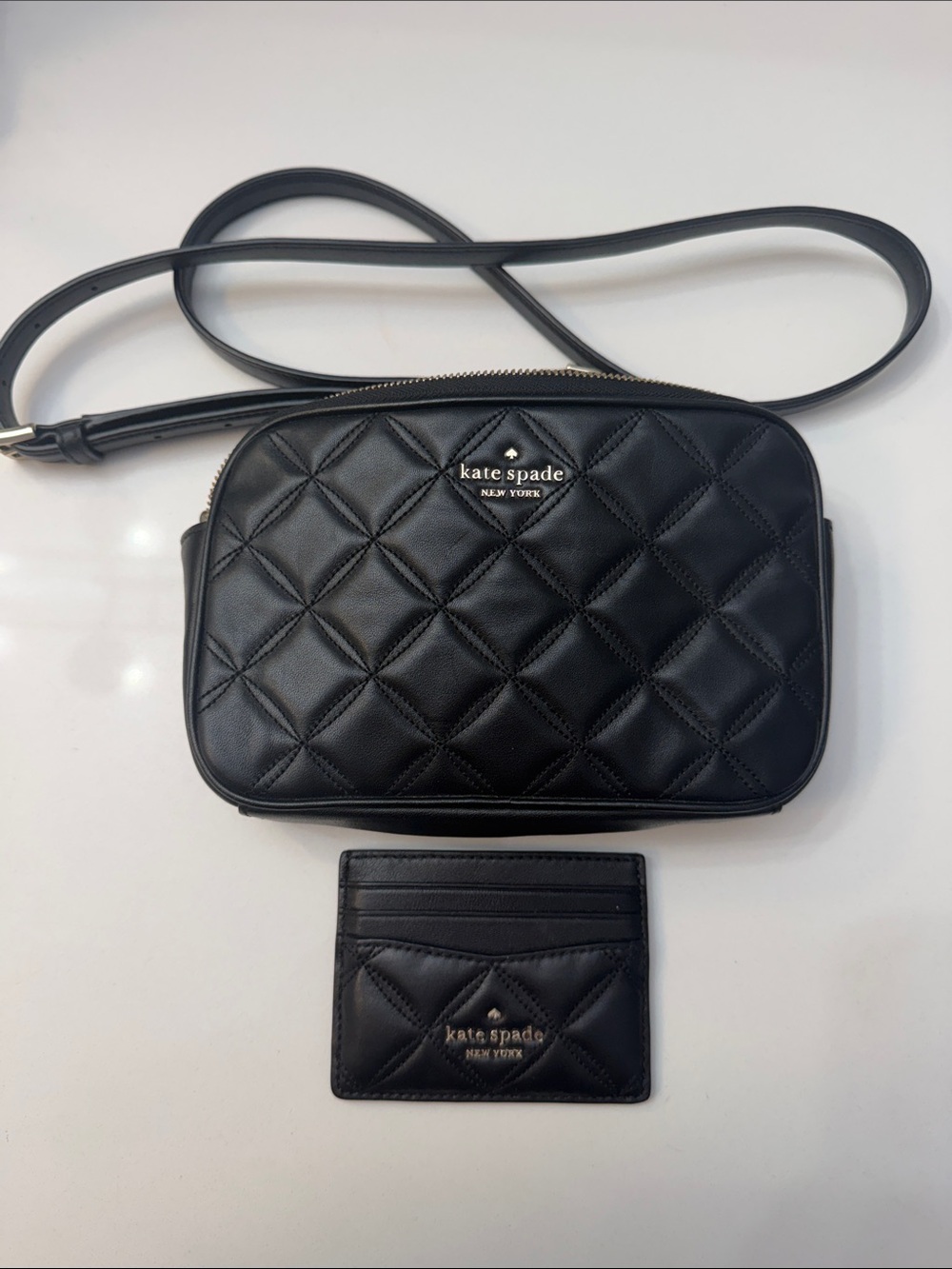 kate spade Black Quilted Leather Crossbody with Card Holder